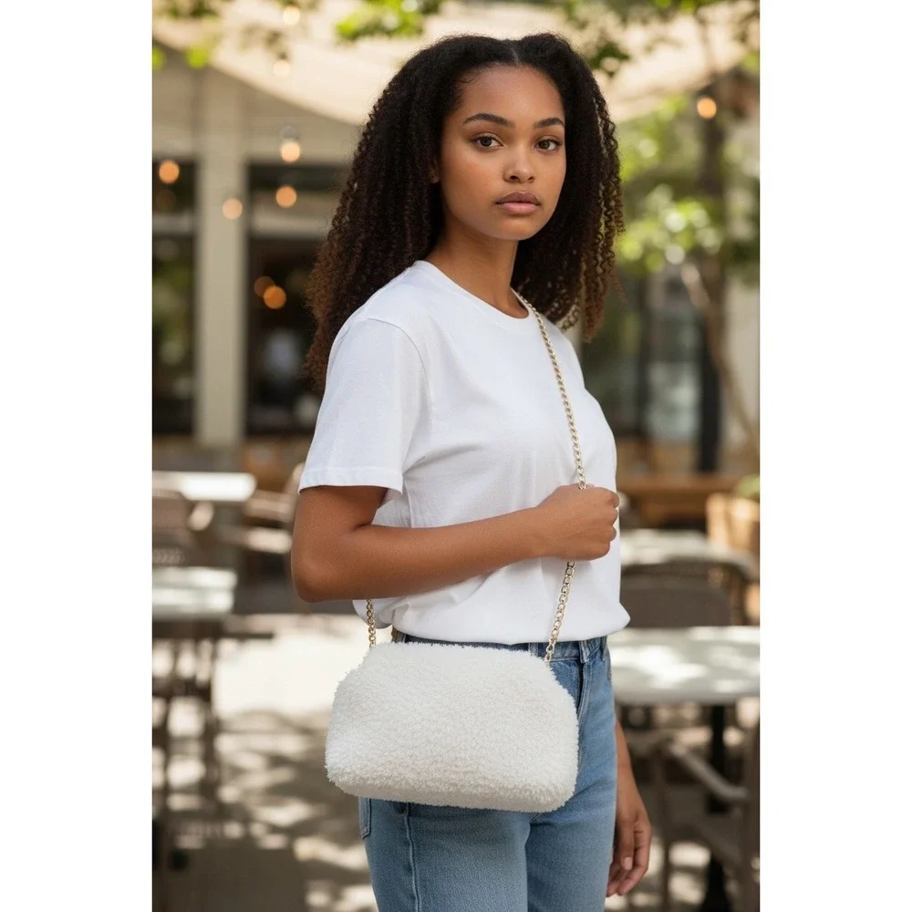 A New Day Fuzzy Sherpa Clutch Crossbody Purse Ivory Gold‎ Chain